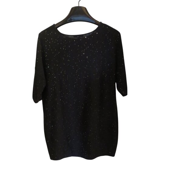 🎉HP🎉Eileen Fisher Black Wool, Short Sleeve Top w/Tiny Silver Sequins, Large, EUC - Picture 6 of 12